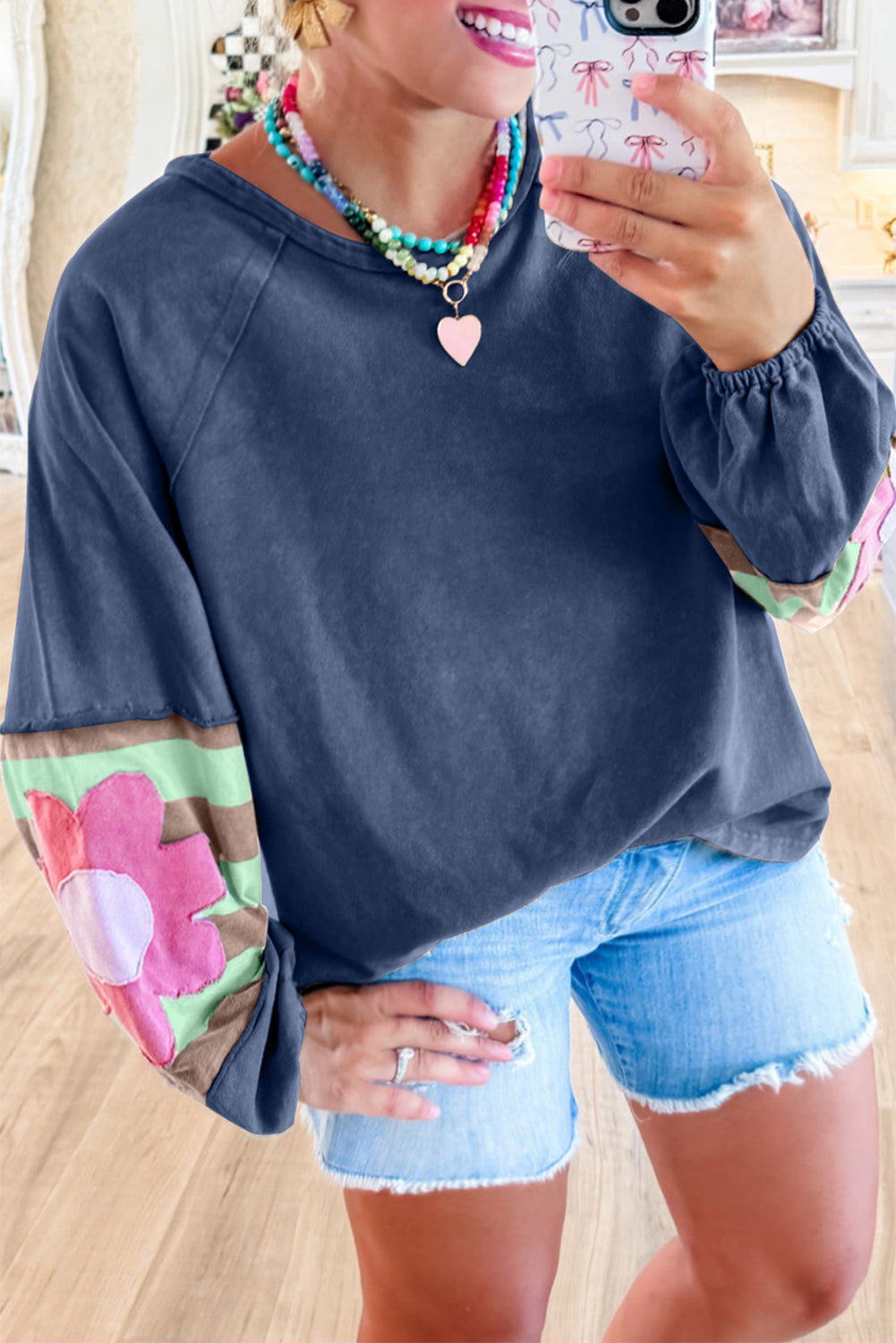 Flower Patchwork Exposed Seam Raglan Sleeve Top