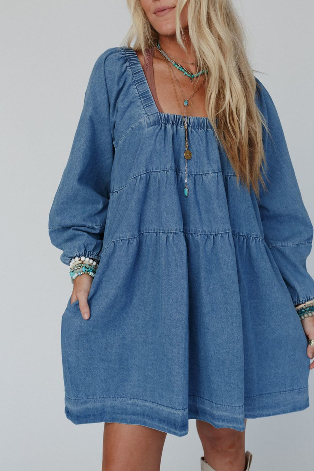 Side Pockets Loose Fit Denim Mini Dress