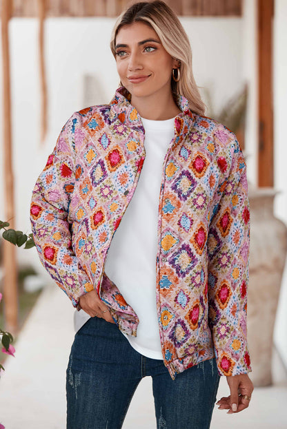 Multicolour Checkered Floral Print Snap Buttons Coat