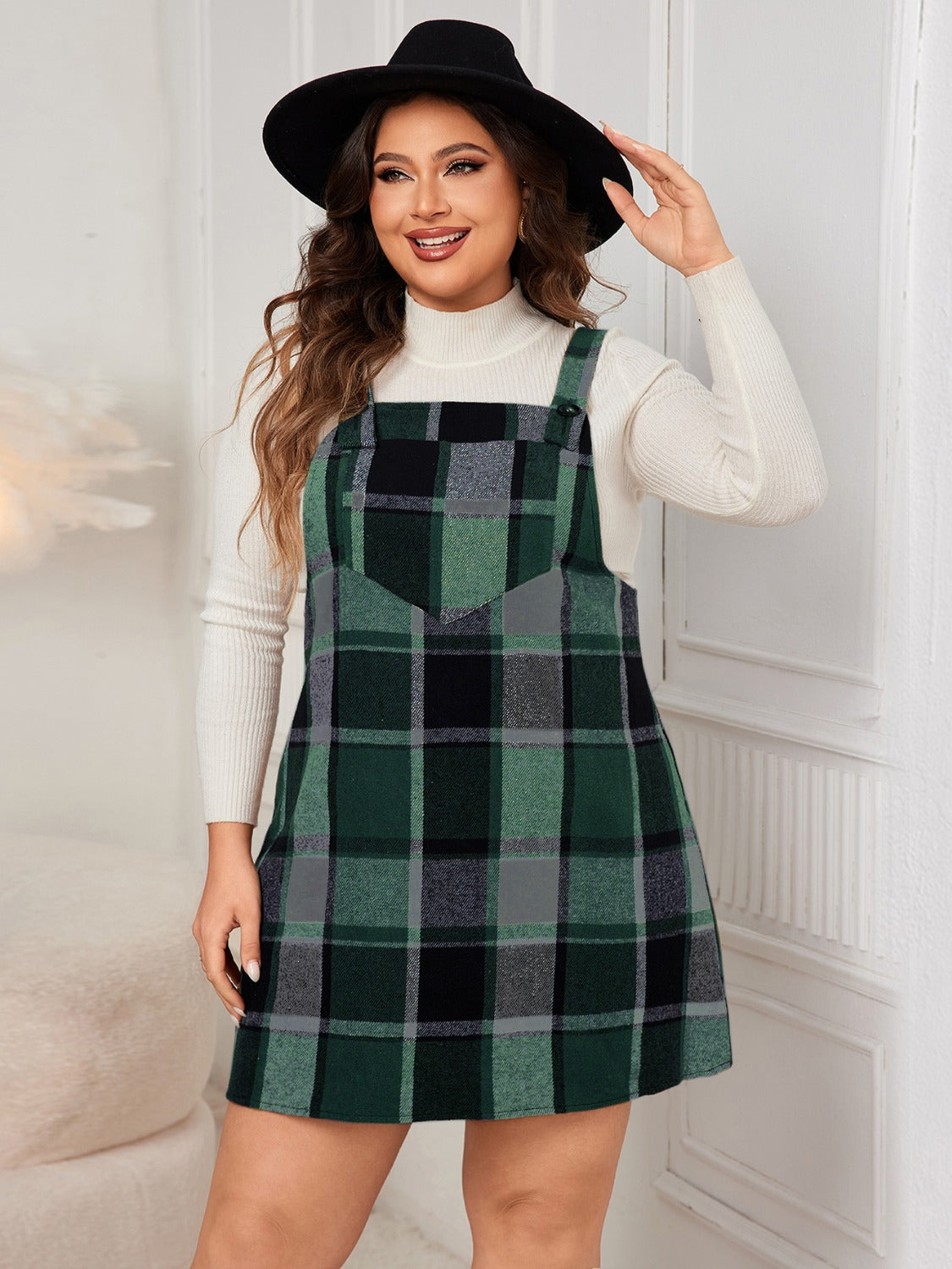 Plus Size Plaid Wide Strap Overall Dress