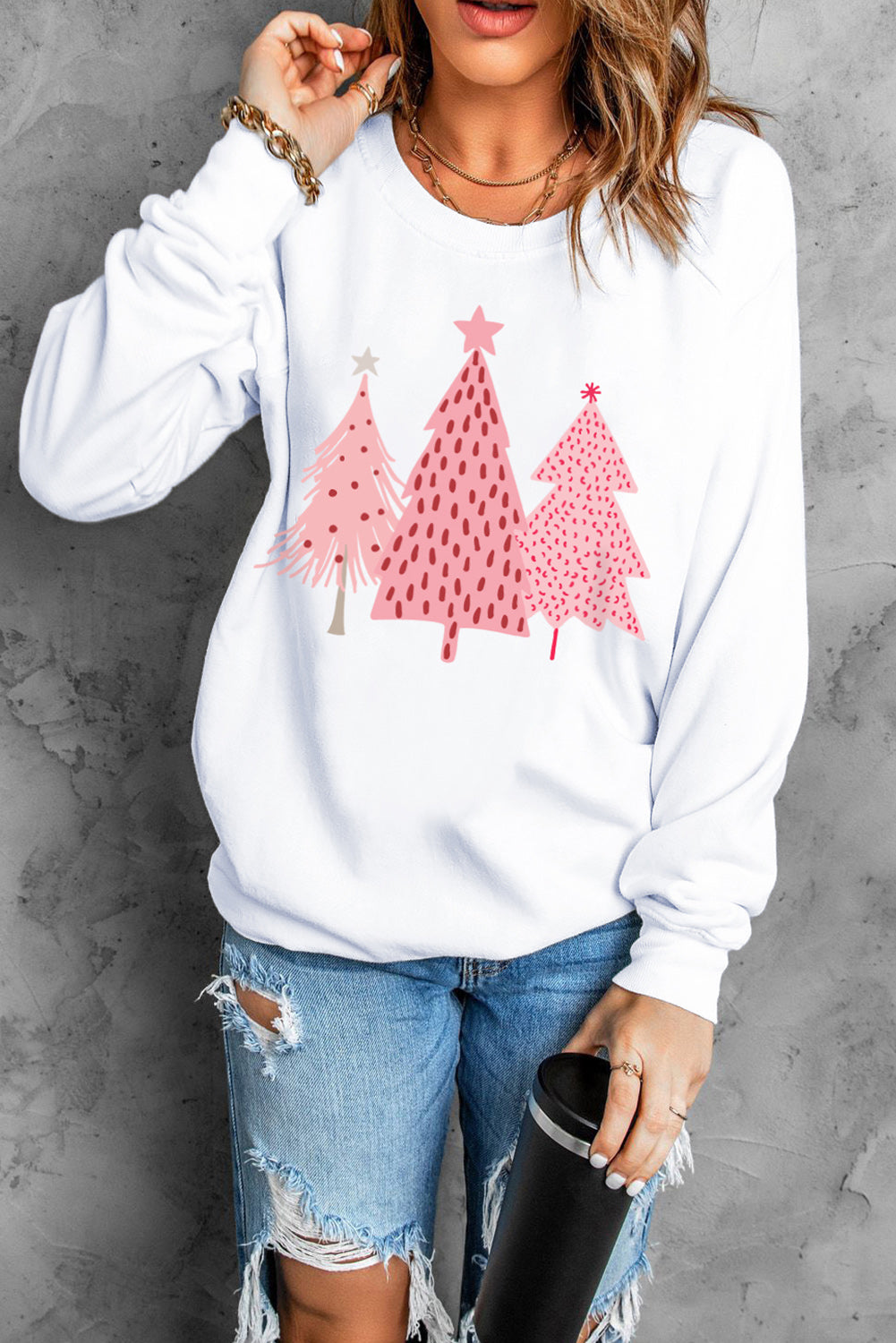 White Christmas Tree Dots Print Graphic Pullover Sweatshirt