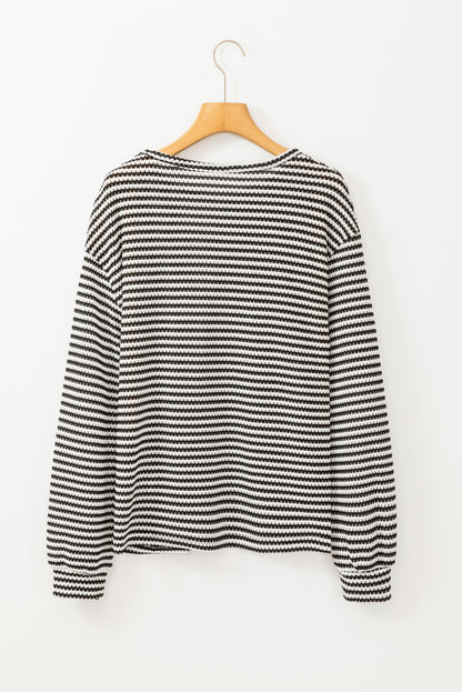 Khaki Stripe Round Neck Drop Shoulder Long Sleeve Top