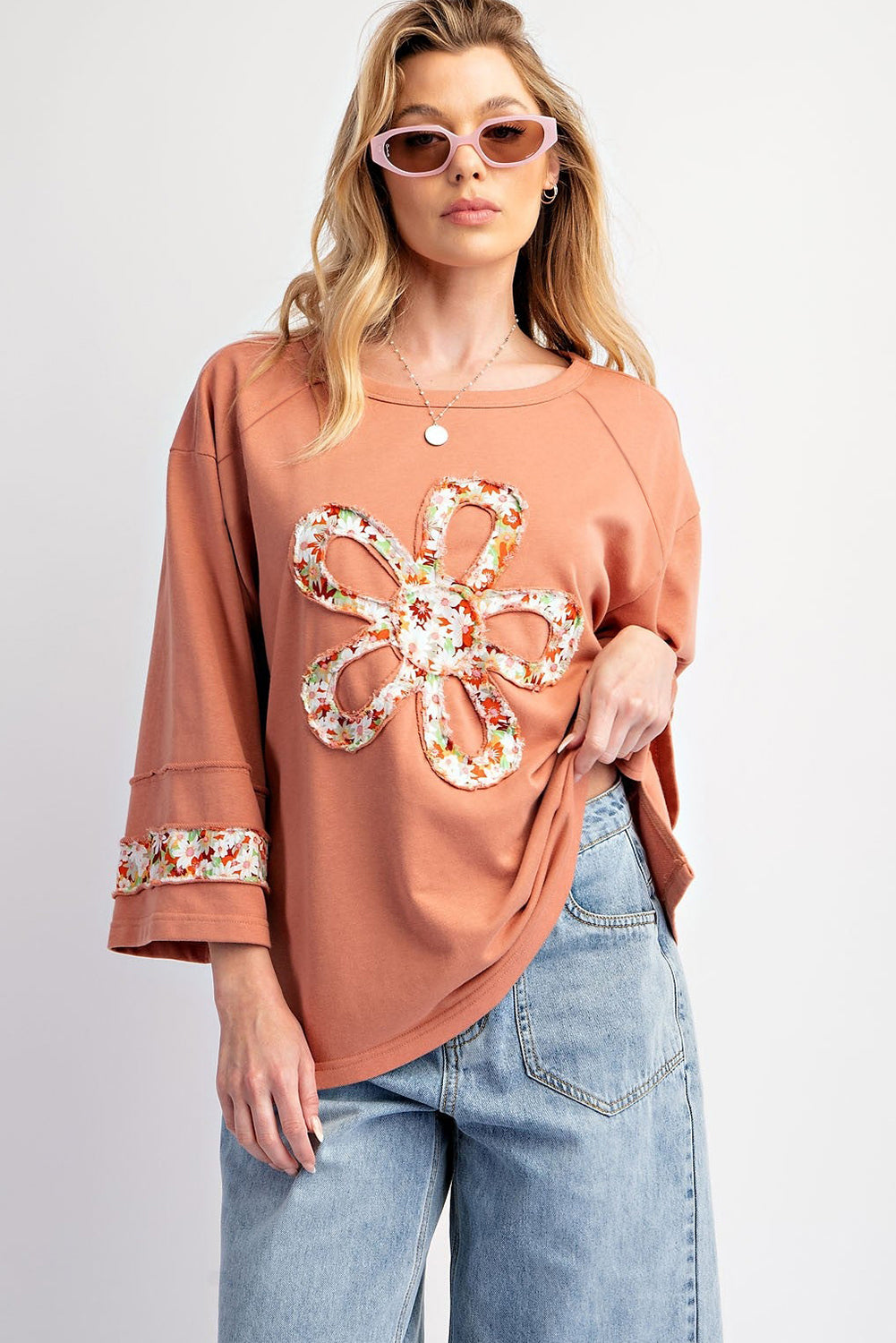 Flower Exposed Seam Patchwork Loose Top