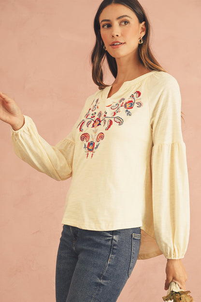 Apricot Paisley Floral Embroidered Notch V Neck Blouse