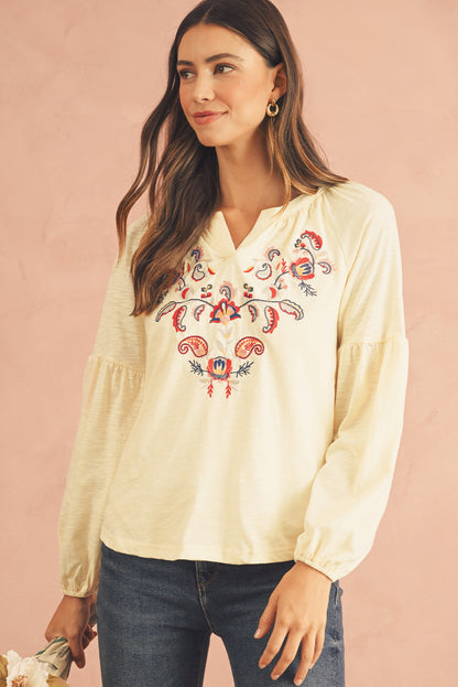 Apricot Paisley Floral Embroidered Notch V Neck Blouse