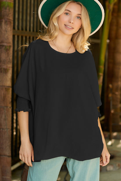 Plain & Casual Shirred Cuffs Half Sleeve Top