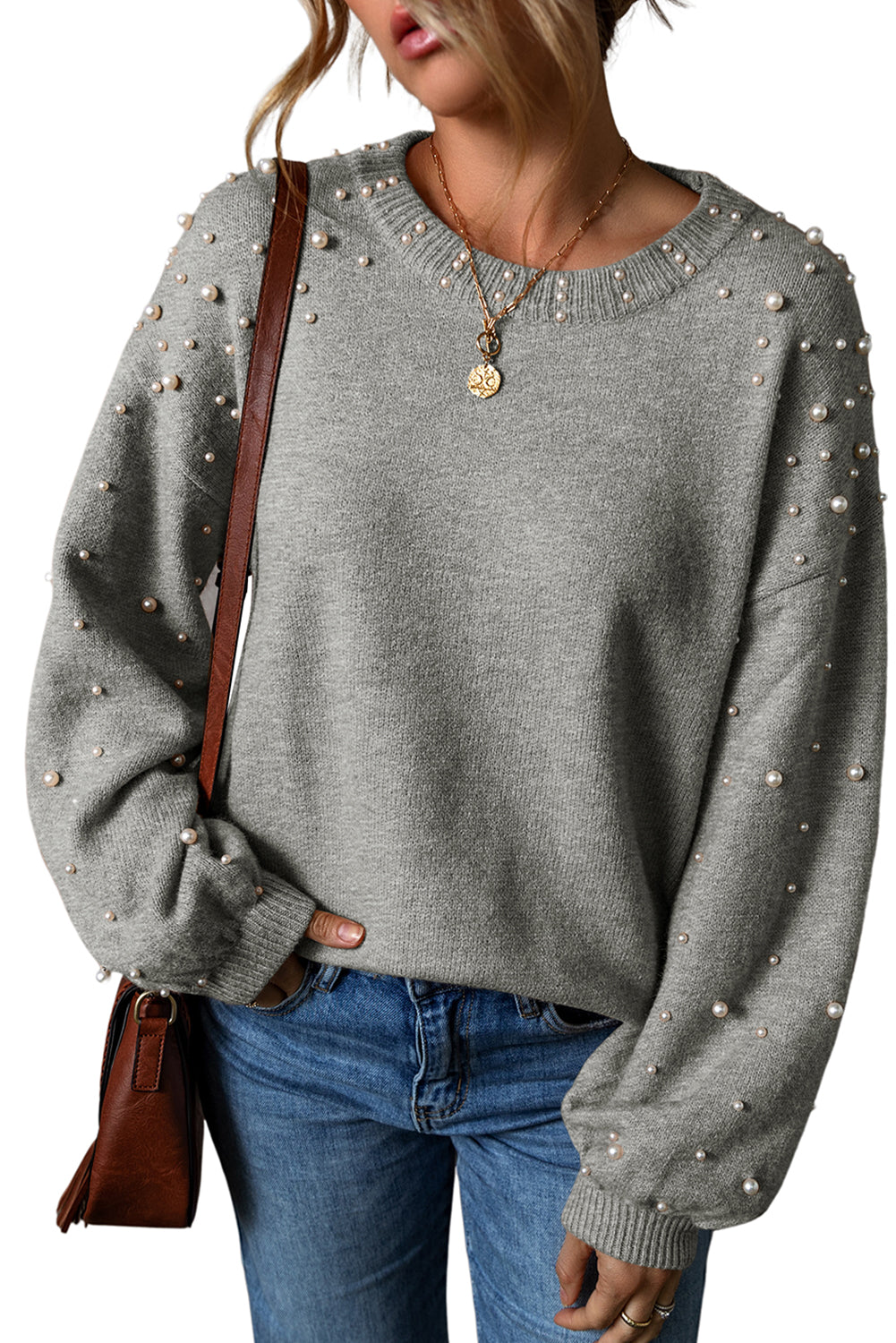 Smoke Gray Pearl Drop Shoulder Round Neck Sweater