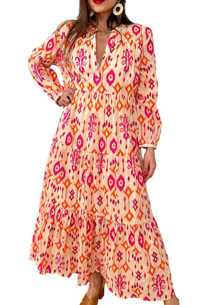 Abstract Geometric Printed V Neck Maxi Dress