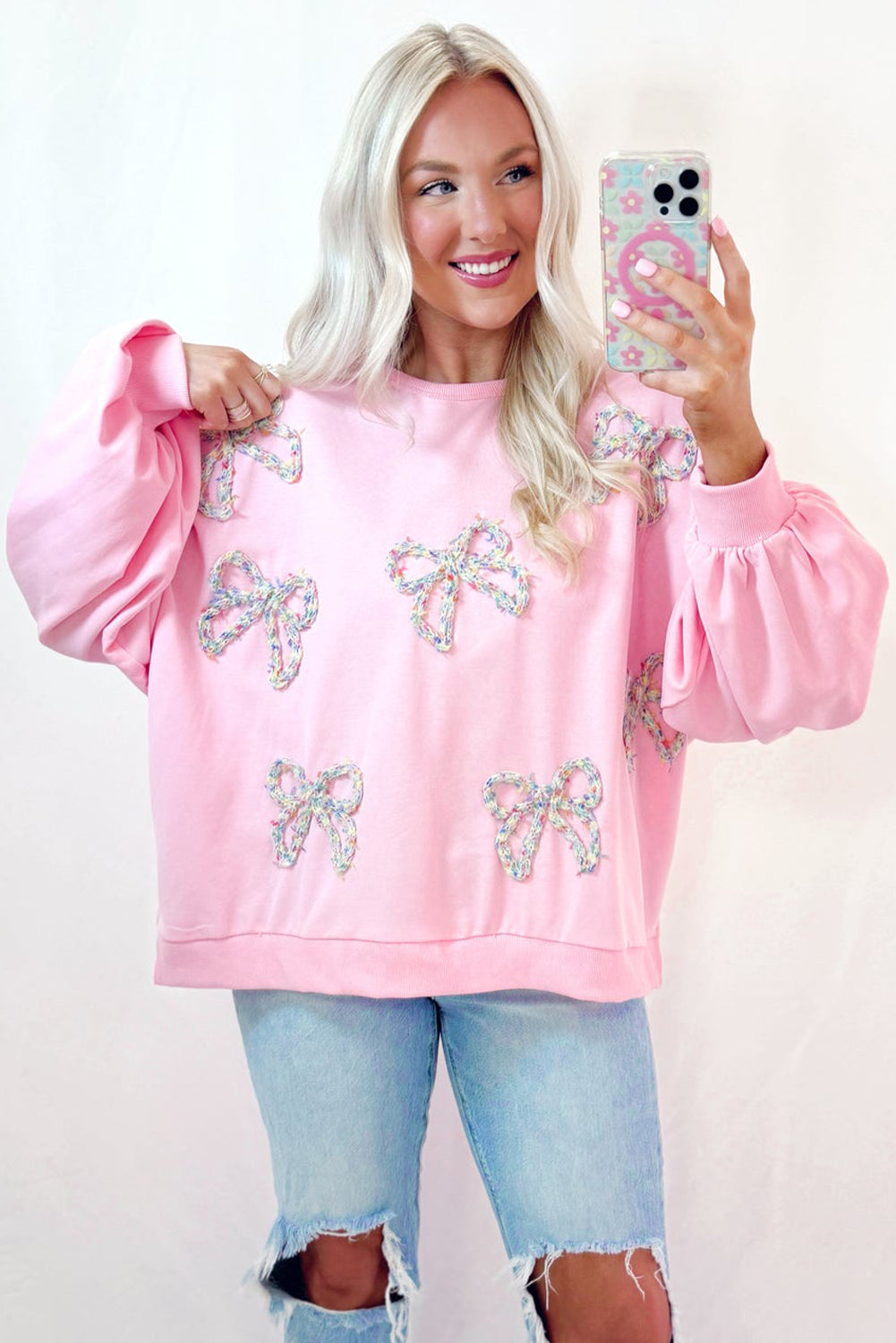 Parchment Sweet Bow Lantern Sleeve Oversized Pullover Sweatshirt