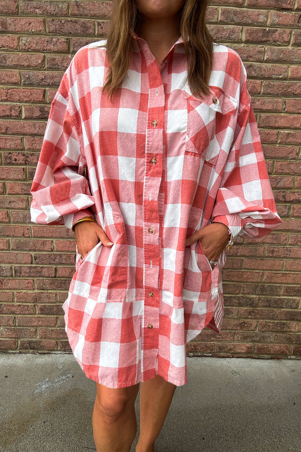 Pink Plaid Oversized Raw Hem Long Sleeve Dress