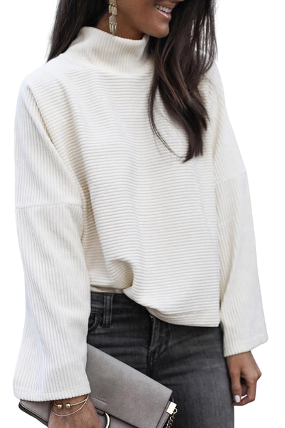 Mock Neck Drop Shoulder Ribbed Top