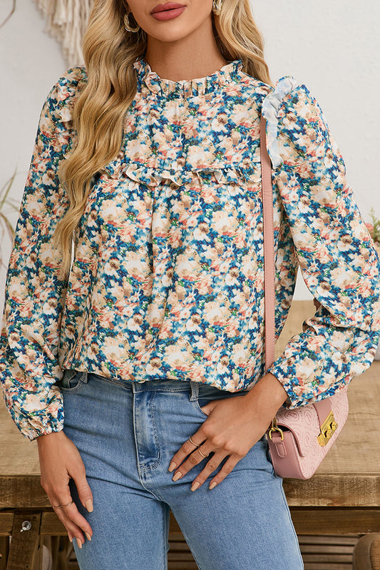 Sky Blue Floral Print Frill Neck Puff Sleeve Blouse