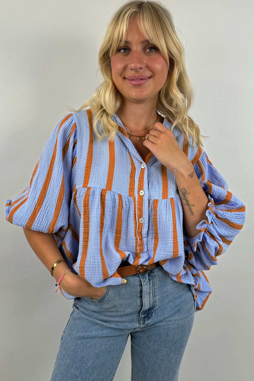 Sky Blue Stripe Crinkle Ruffle Sleeve Loose Blouse