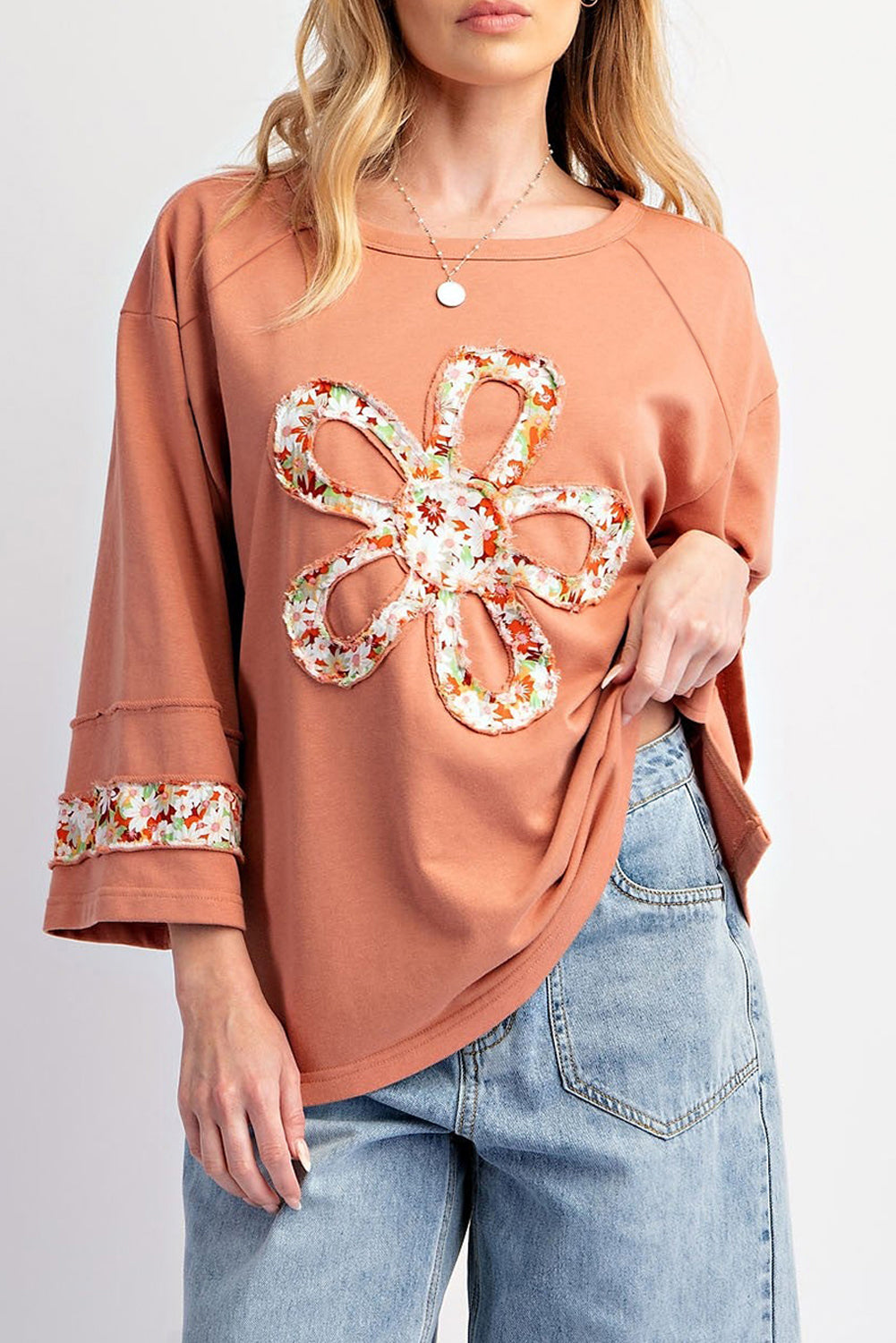 Flower Exposed Seam Patchwork Loose Top