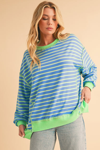 Pink Stripe Contrast Trim High Low Tunic Sweatshirt