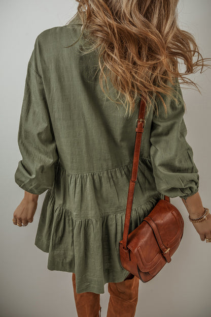 Puff Sleeve Buttoned Tiered Pleated Mini Shirt Dress