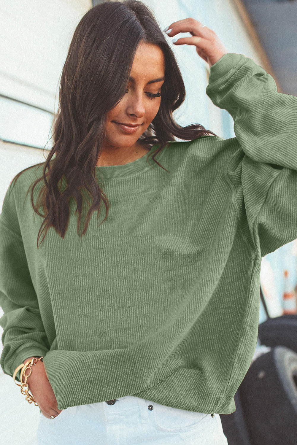 Plain Drop Sleeve Crinkle Rib Oversized Sweatshirt