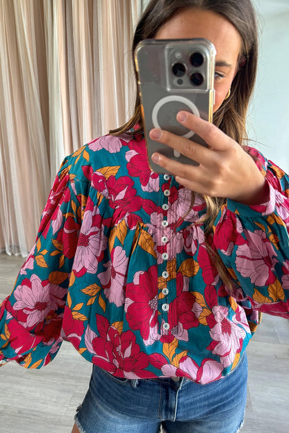 Floral Print Balloon Sleeve Half Buttons Blouse