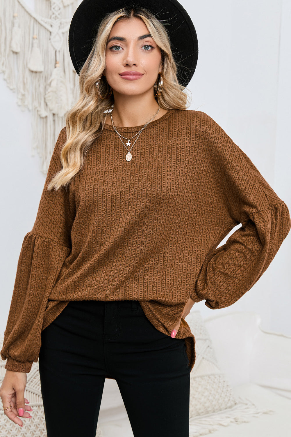 Textured Lantern Sleeve Top