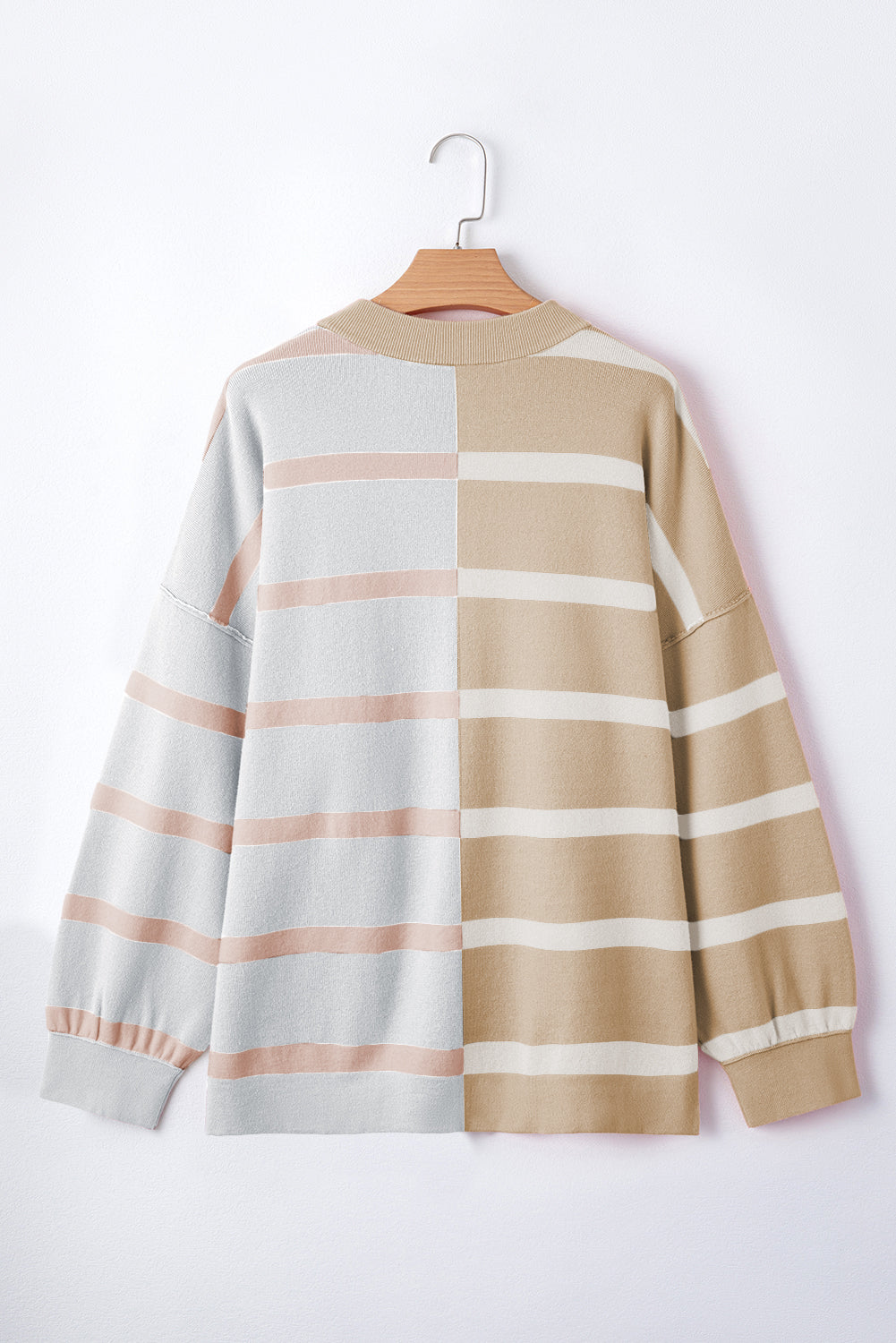 Light Beige Striped Colorblock Drop Shoulder Sweater