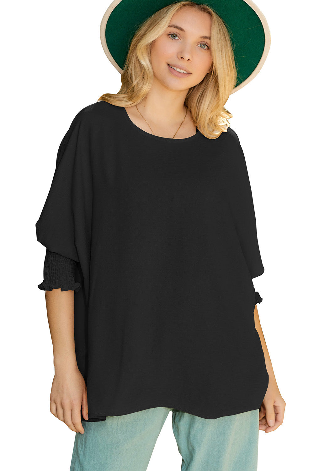 Plain & Casual Shirred Cuffs Half Sleeve Top