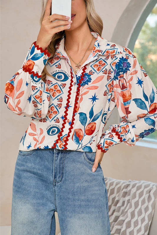 Multicolour Ethnic Floral Print Ricrac Button Down Shirt