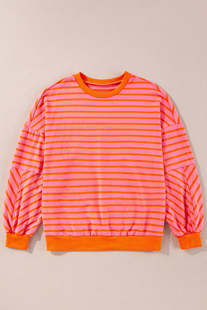 Orange Stripe Drop Shoulder Crew Neck Loose Sweatshirt