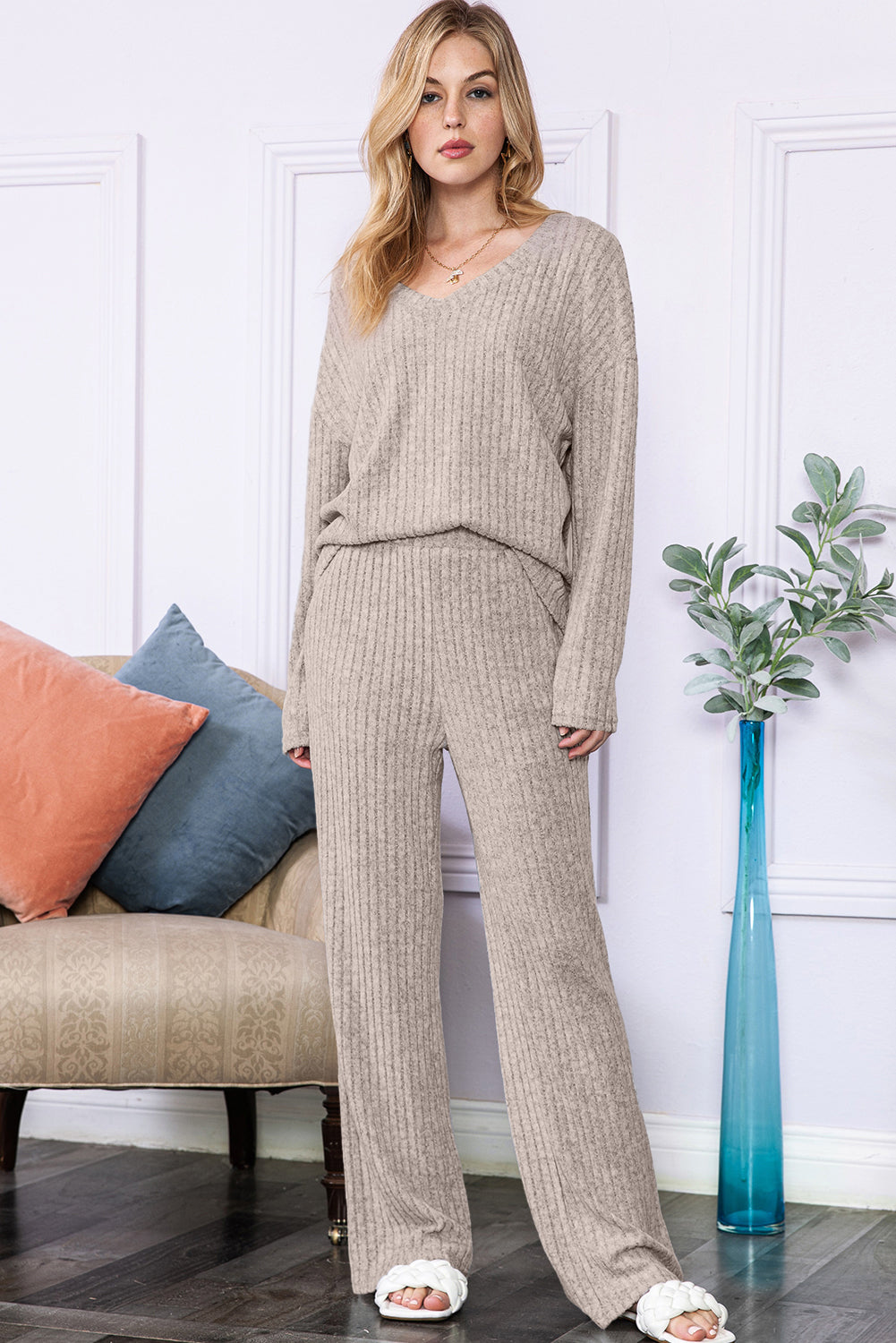 Khaki Slouchy Ribbed Knit V Neck Top & Pants Loungewear Set