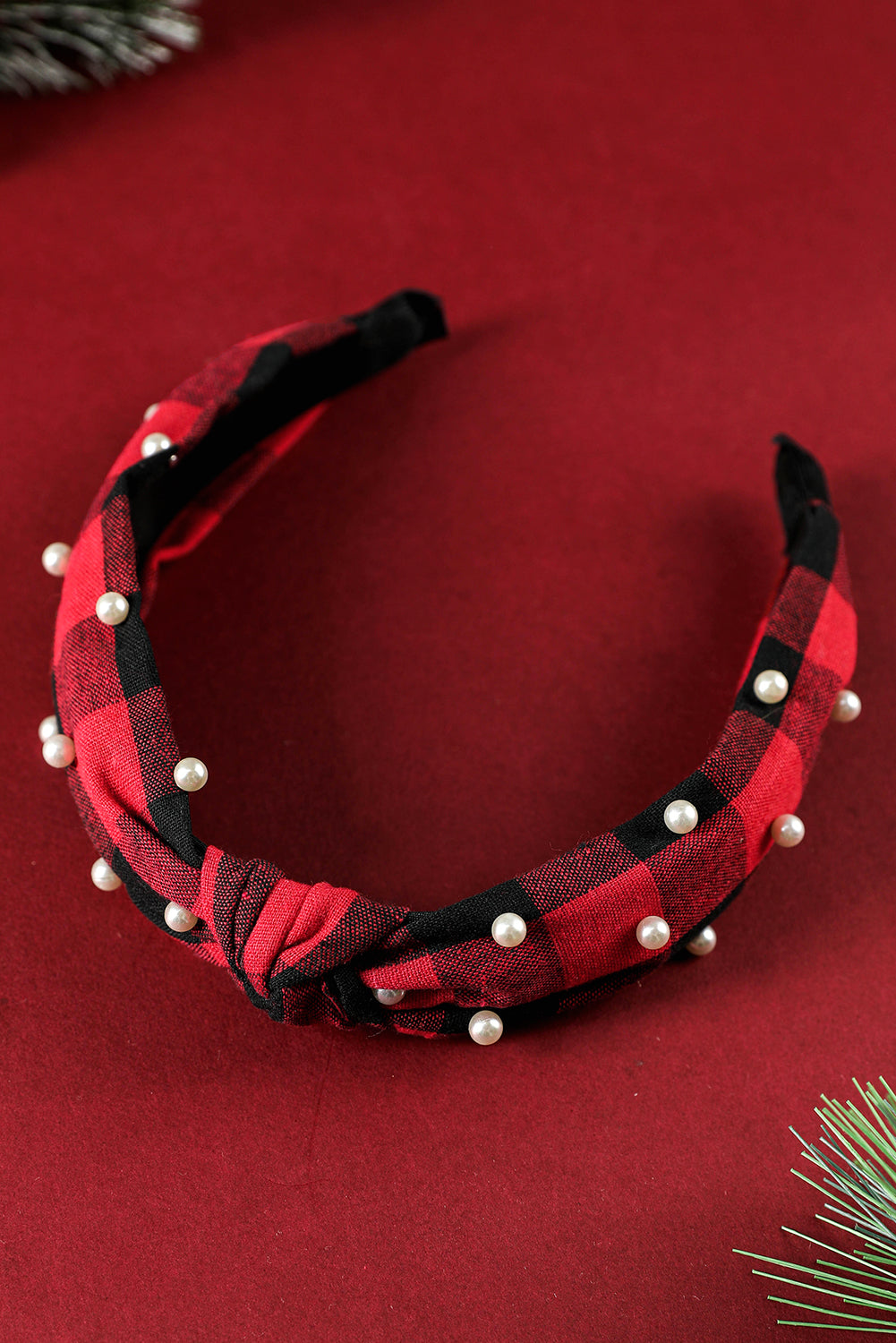 Red Dahlia Plaid Knotted Pearl Headband