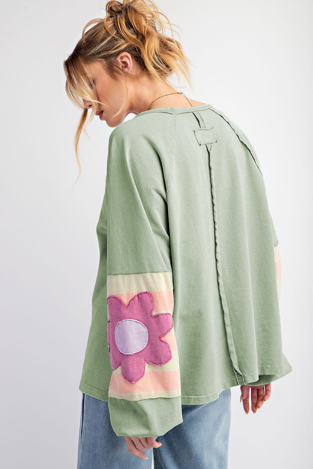 Flower Patchwork Exposed Seam Raglan Sleeve Top