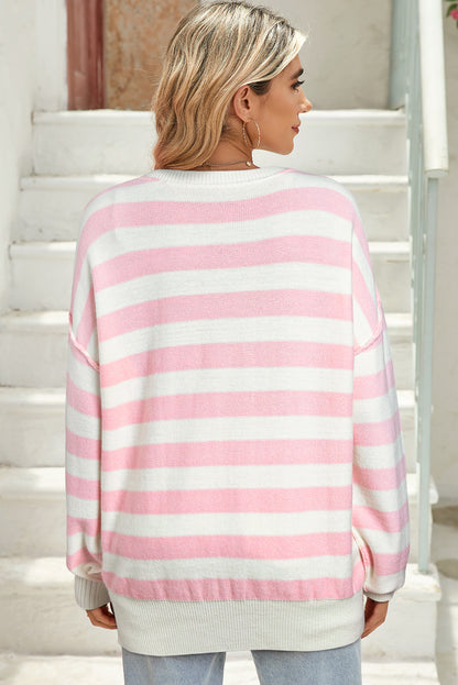 Pink Striped Drop Sleeve Henley Sweater