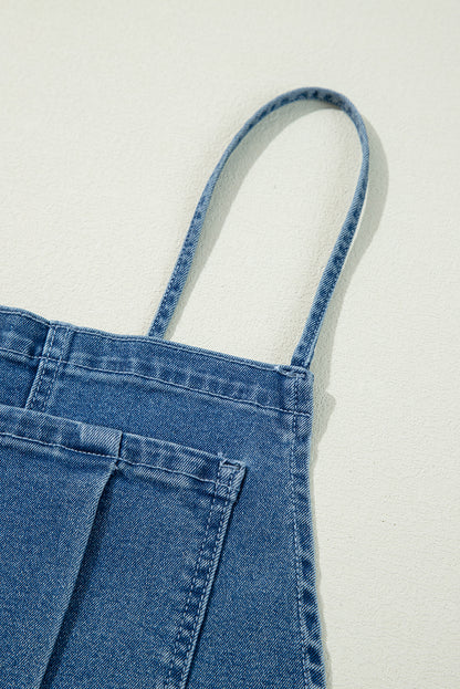 Dusk Blue Adjustable Tie Straps Cropped Wide Leg Casual Denim Overalls