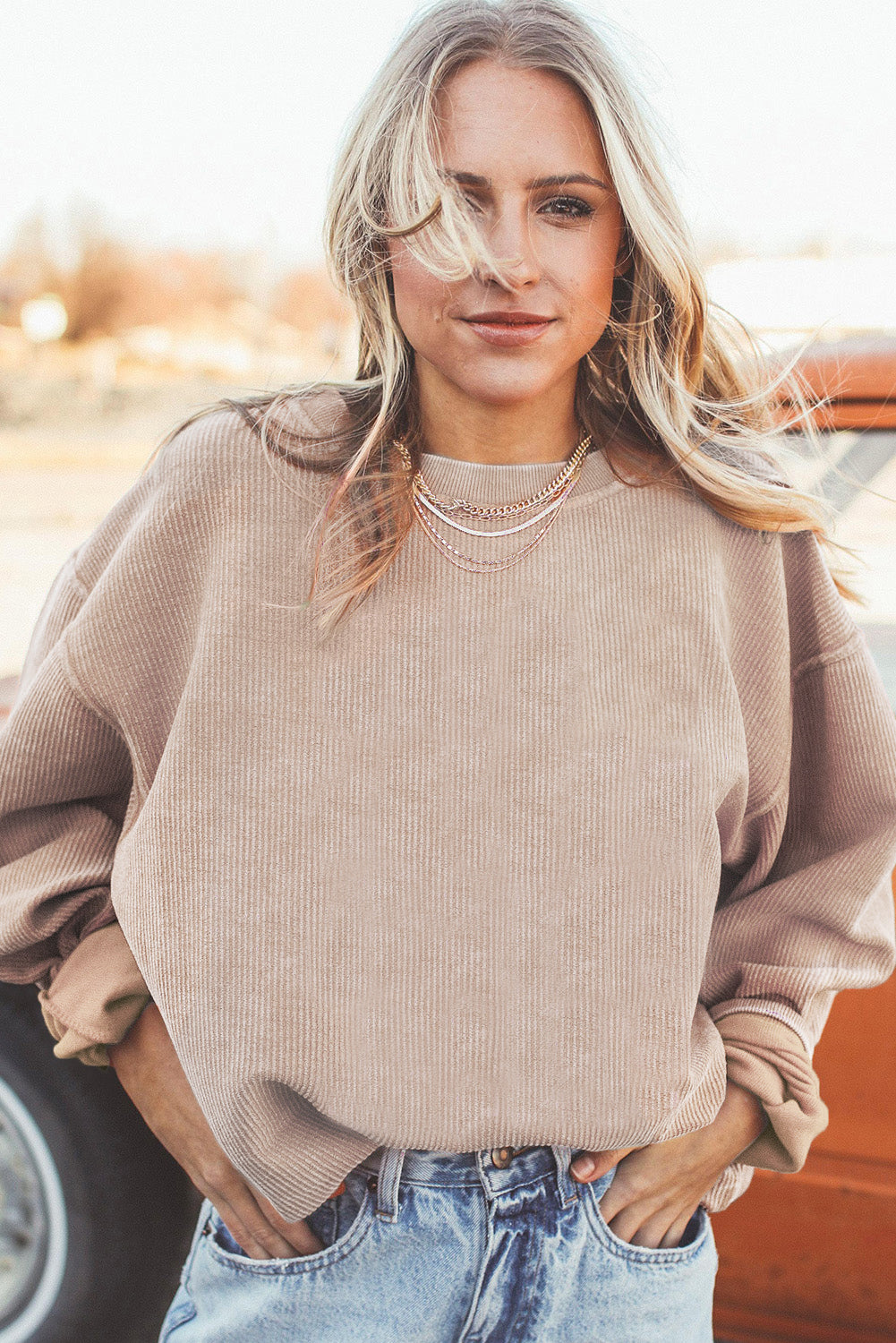 Plain Drop Sleeve Crinkle Rib Oversized Sweatshirt