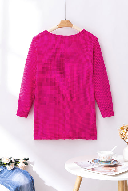 Textured Center Seam Long Sleeve Split Top