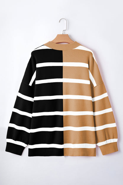 Light Beige Striped Colorblock Drop Shoulder Sweater