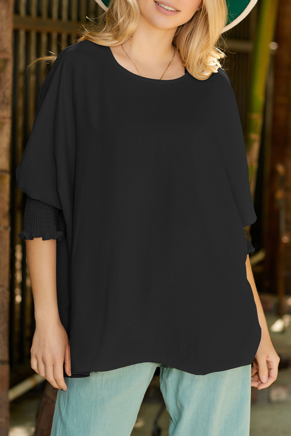 Plain & Casual Shirred Cuffs Half Sleeve Top