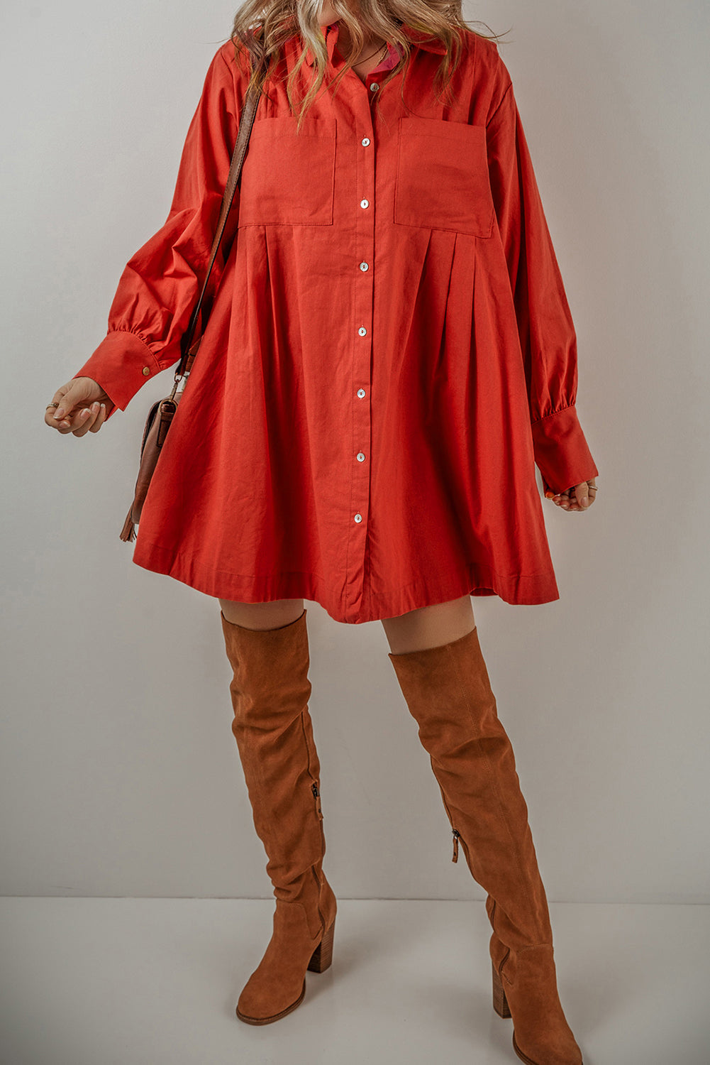 Bishop Sleeve Button-Up Pleated Mini Shirt Dress