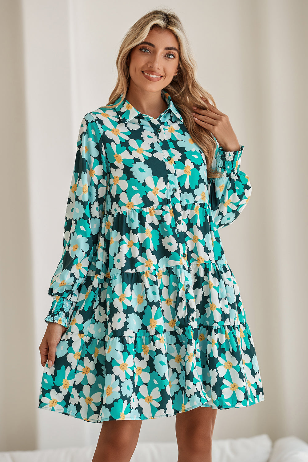 Blackish Green Flower Print Smocked Cuffs Tiered Mini Dress