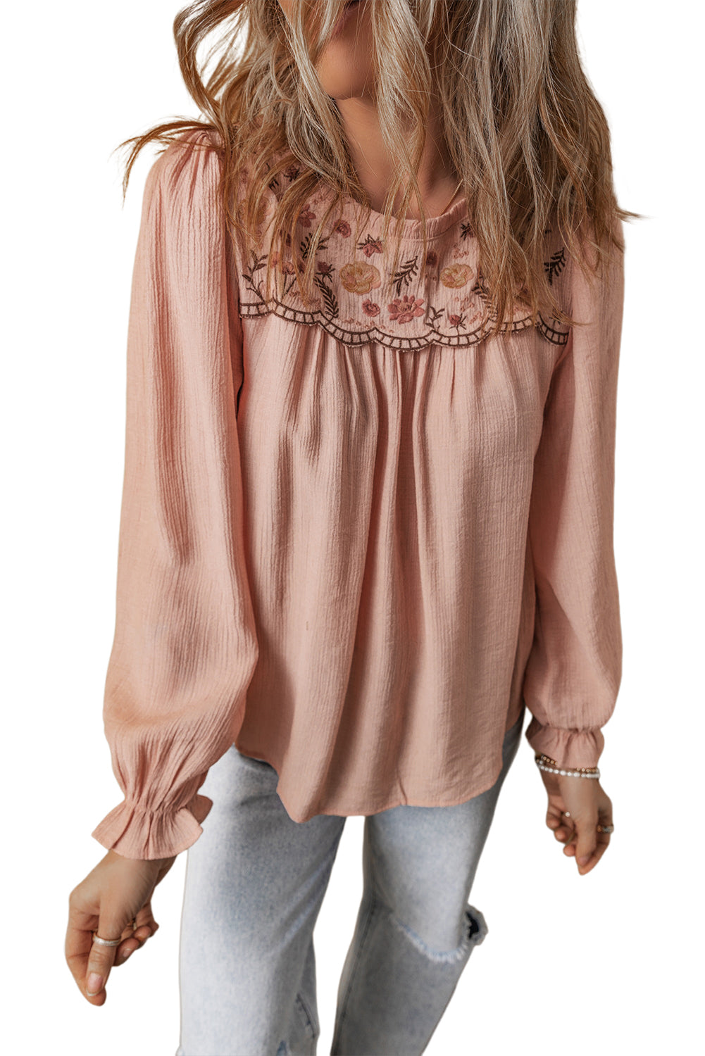 Gossamer Pink Floral Embroidered Crinkle Blouse