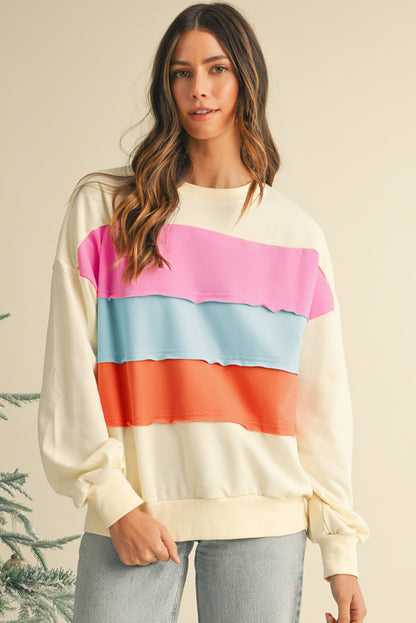 White Colorblock Patchwork Drop Sleeve Sweatshirt