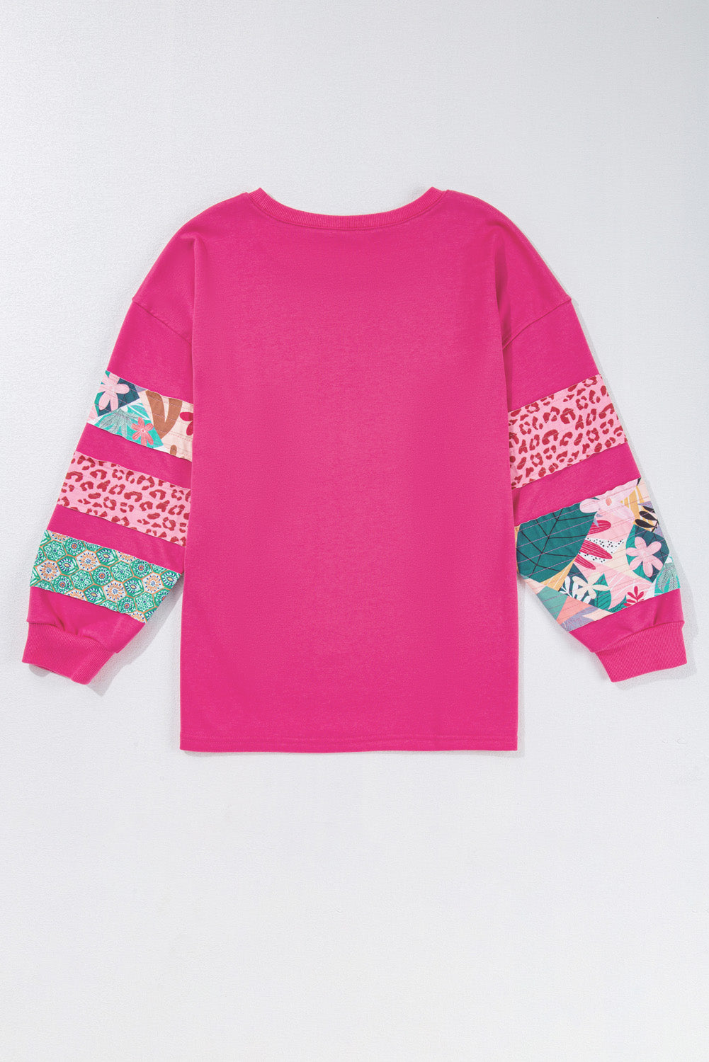 Rose Red Leopard Patchwork Sleeve Split Plus Sweatshirt