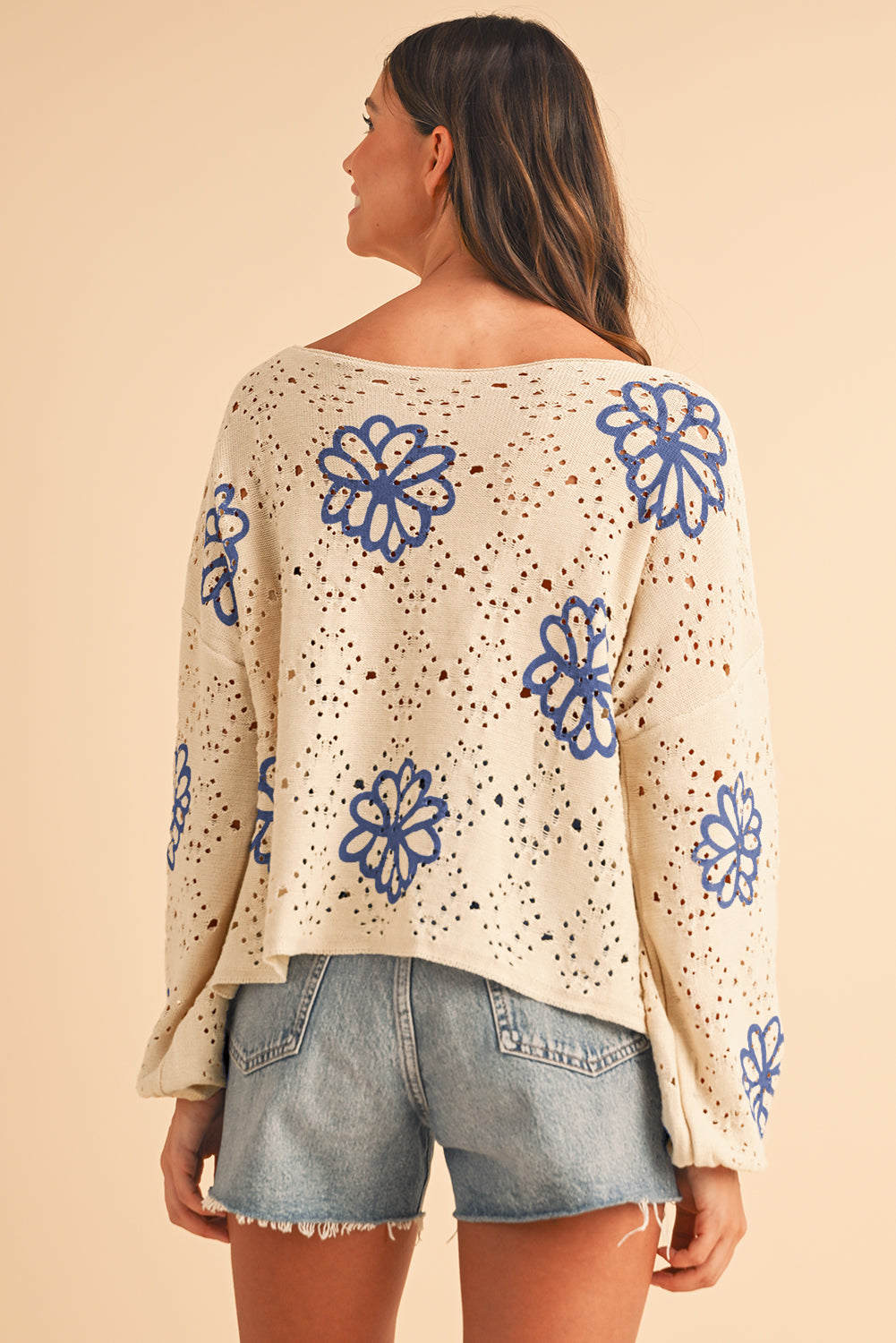 Beige Flower Print Drop Shoulder Hollow Knit Sweater