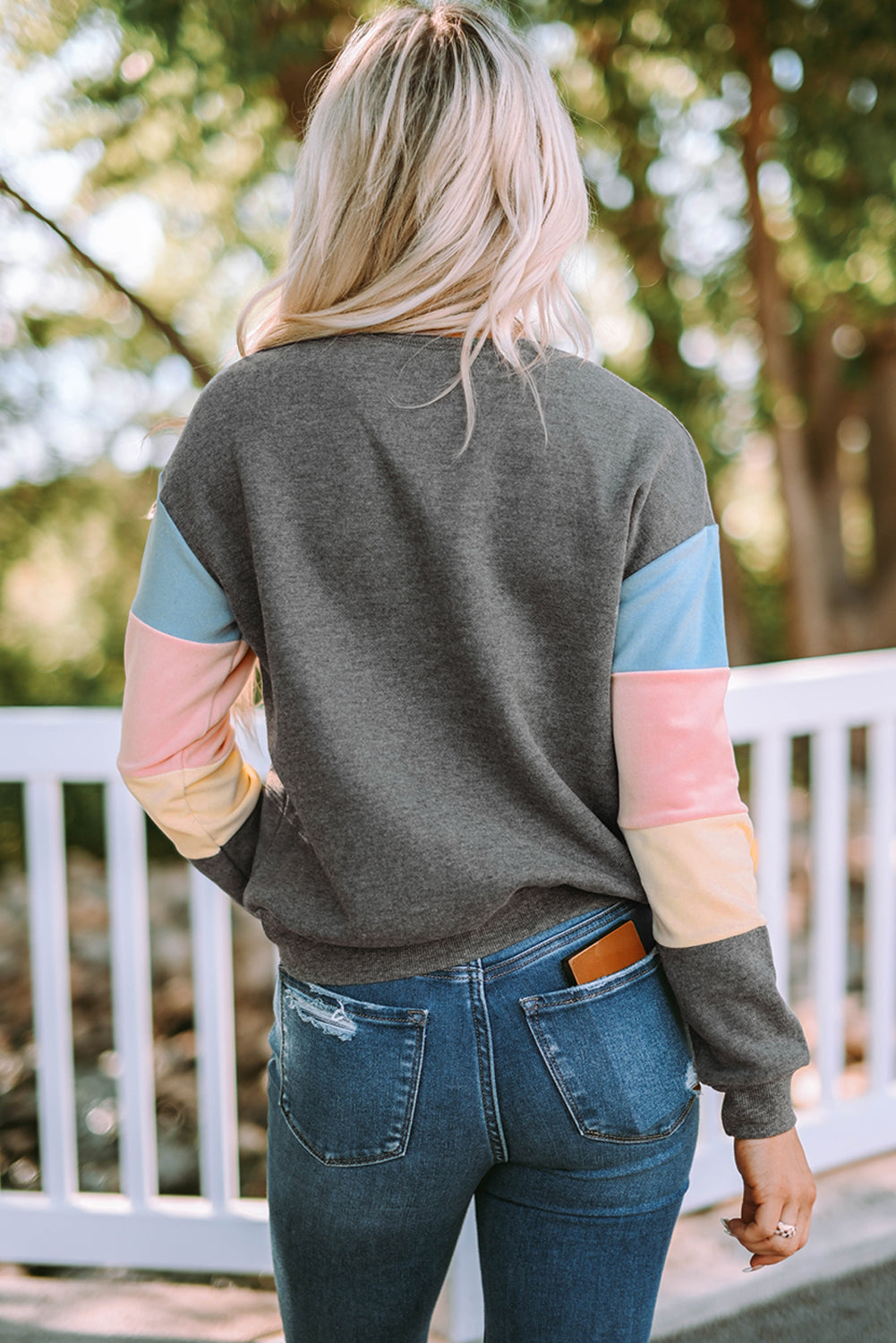 Grey Casual Color Block Drop Sleeve Sweatshirt