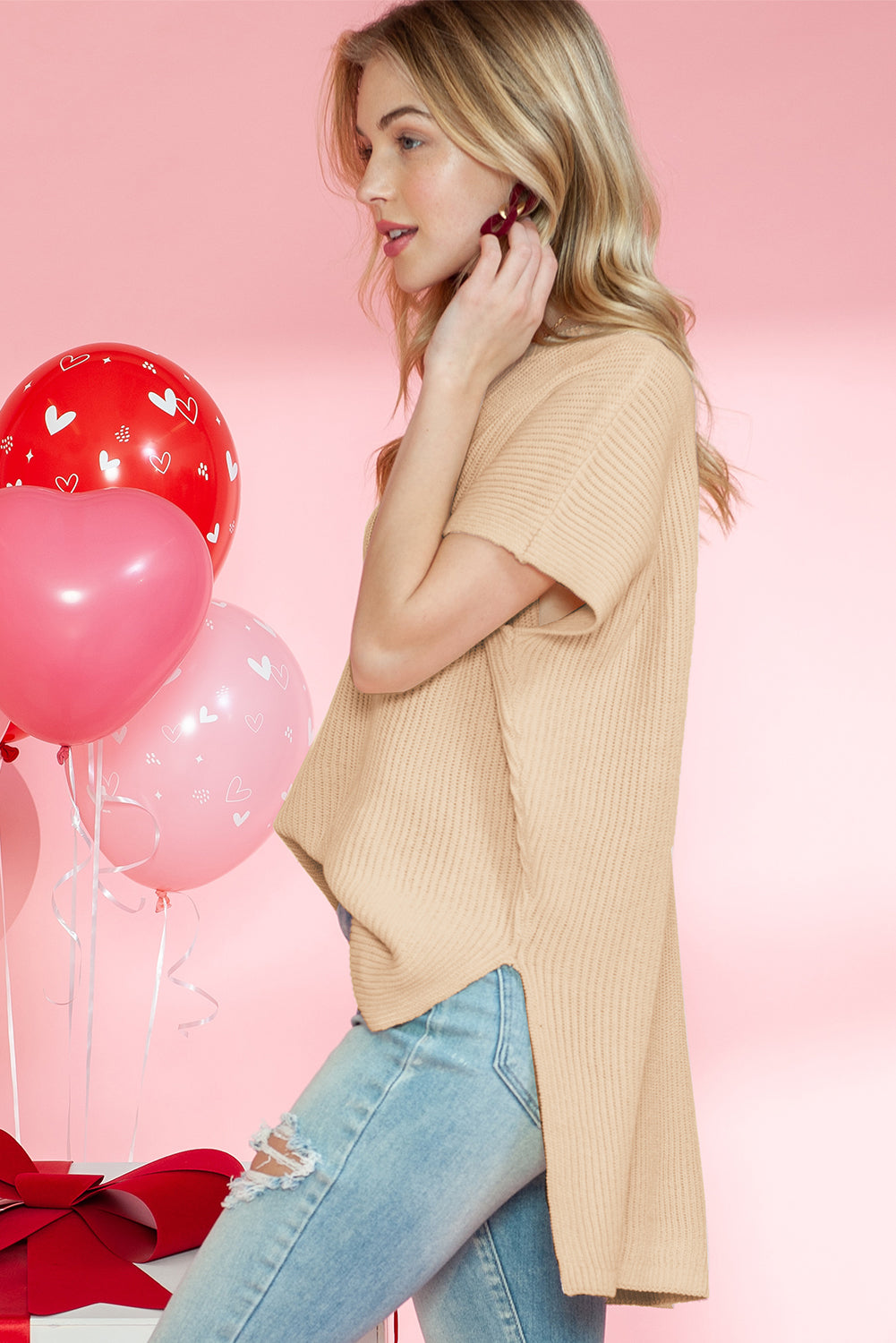 Apricot Side Slit Short Sleeve Oversized Sweater