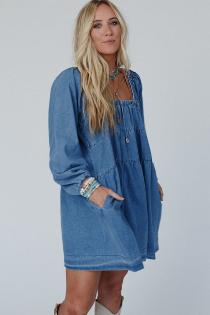 Side Pockets Loose Fit Denim Mini Dress