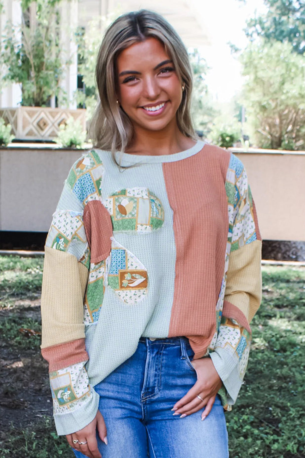 Sail Blue Waffle Patchwork Flower Sweatshirt