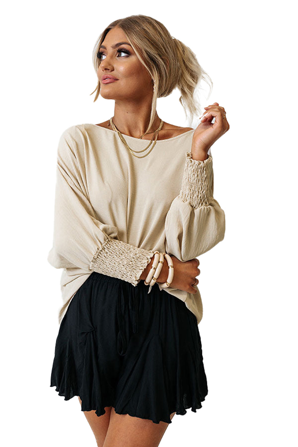 Plain & Casual Shirred Cuffs Half Sleeve Top