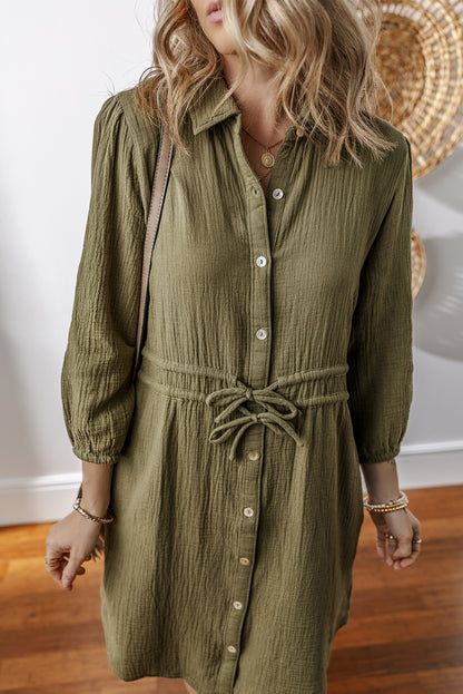 Jungle Green Textured Bracelet Sleeve Button Up Mini Dress