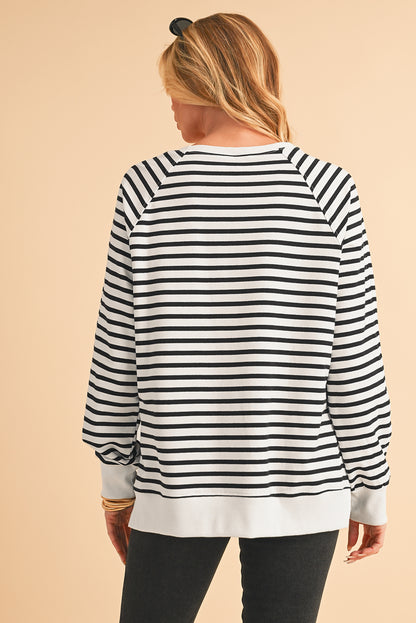 Black Stripe Raglan Sleeve Loose Split Sweatshirt