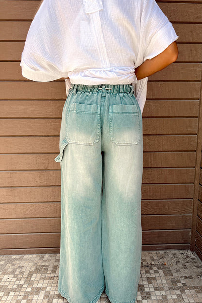 Smoke Green Mineral Wash Drawstring Wide Leg Jeans